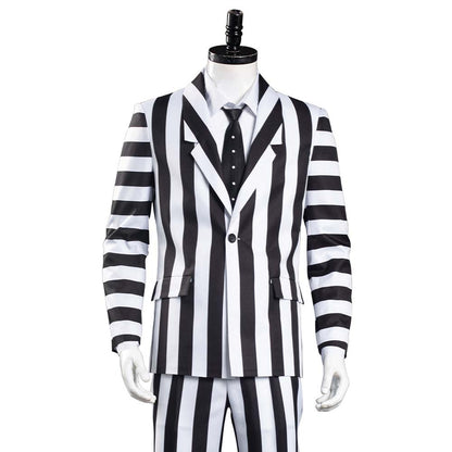 Movie Beetlejuice Men Black and White Striped Suit Jacket Shirt Pants Outfit Adam Halloween Carnival Costume Cosplay Costume