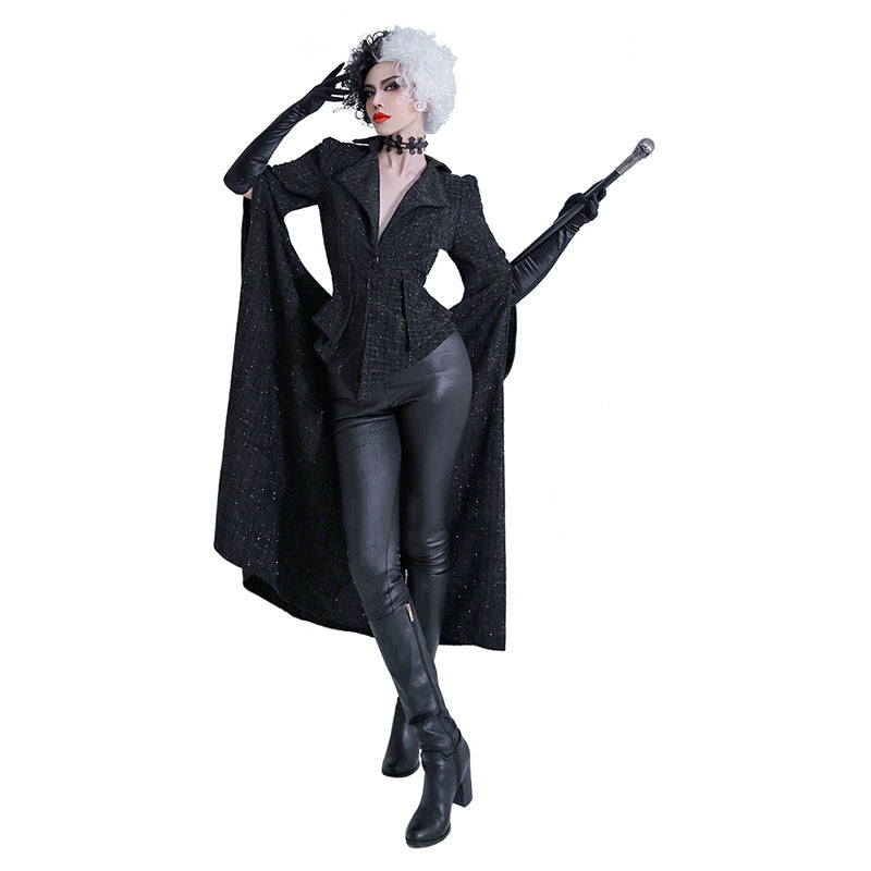 Movie Cruella Cosplay Costume Black Coat Outfits Halloween Carnival Suit