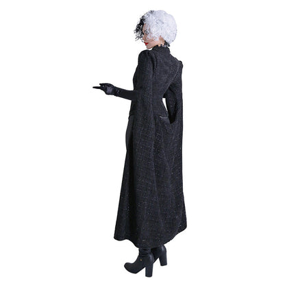 Movie Cruella Cosplay Costume Black Coat Outfits Halloween Carnival Suit