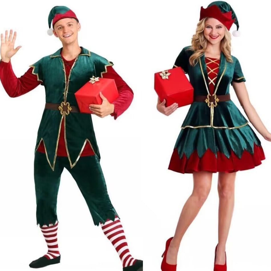 Christmas Couple Performance Costumes Red and Green Colorblock Elf Cosply Costumes