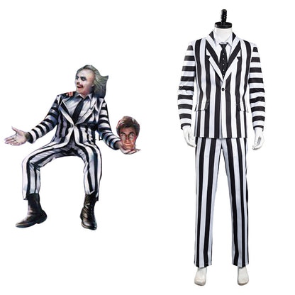 Movie Beetlejuice Men Black and White Striped Suit Jacket Shirt Pants Outfit Adam Halloween Carnival Costume Cosplay Costume