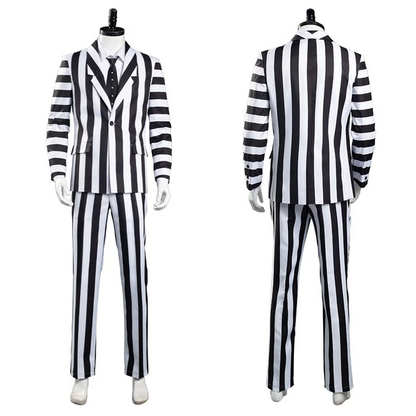 Movie Beetlejuice Men Black and White Striped Suit Jacket Shirt Pants Outfit Adam Halloween Carnival Costume Cosplay Costume