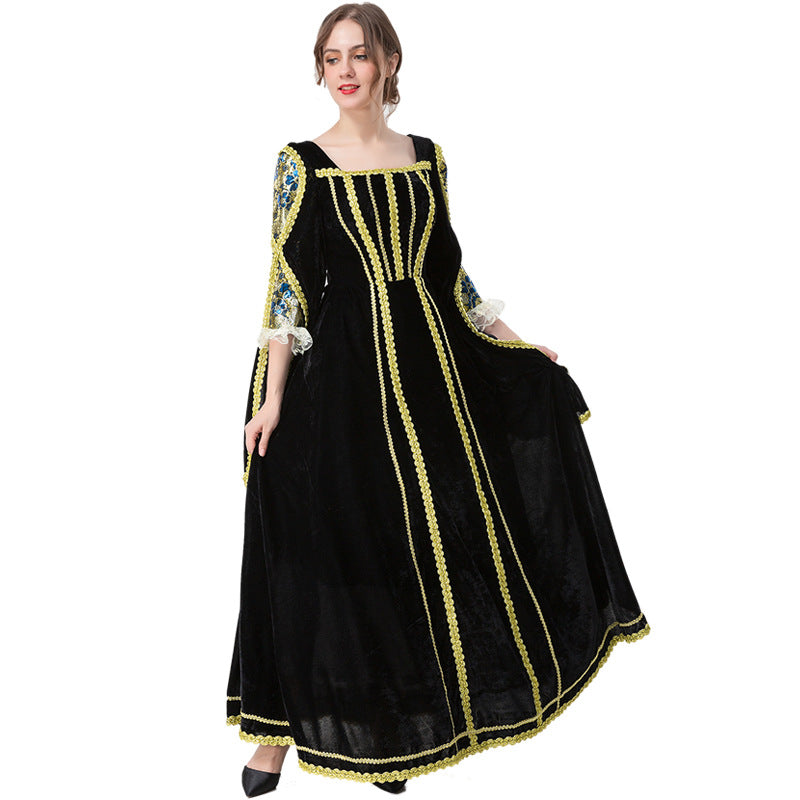 Medieval European Court Bell Sleeve Lace Embellished Vintage Role Play Maxi Dress