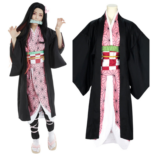 Adult Demon Slayer Anime Nezuko Pink Kimono Uniform Outfit Cosplay Costume Halloween Carnival Suit