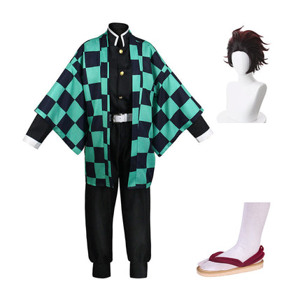 Anime Demon Slayer Adult Tanjirou Green Kimono Outfit Set Cosplay Costume Halloween Suit