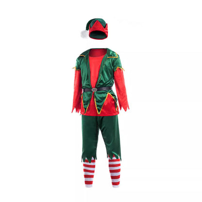 Christmas Couple Performance Costumes Red and Green Colorblock Elf Cosply Costumes