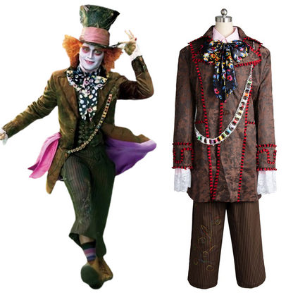 Movie Alice In Wonderland Johnny Depp Mad Hatter Jacket Pants Tie 6 pcs Costume