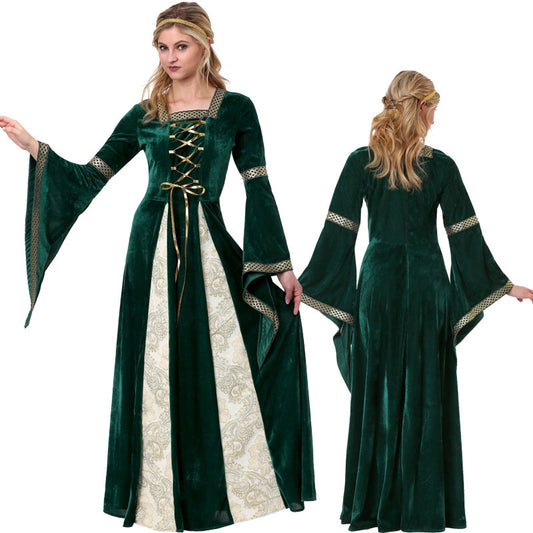 Medieval Dark Green Noble Court Dress Adult Stage Show Performance Gown