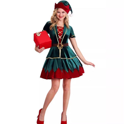 Christmas Couple Performance Costumes Red and Green Colorblock Elf Cosply Costumes