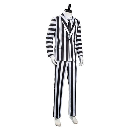 Movie Beetlejuice Men Black and White Striped Suit Jacket Shirt Pants Outfit Adam Halloween Carnival Costume Cosplay Costume