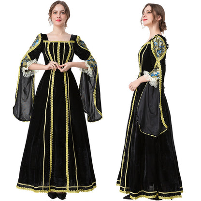 Medieval European Court Bell Sleeve Lace Embellished Vintage Role Play Maxi Dress