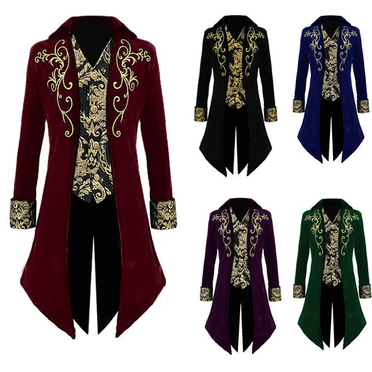 Medieval Men's Steampunk Swallowtail Baroque Patterns Jacket Gothic Court Evening Suit