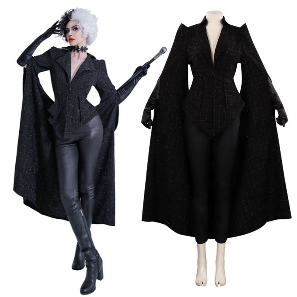 Movie Cruella Cosplay Costume Black Coat Outfits Halloween Carnival Suit