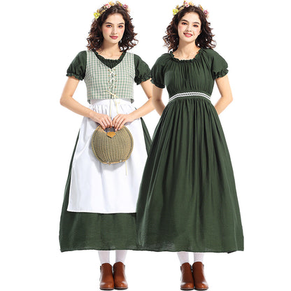 Medieval Green Plaid Pastoral Style Dress