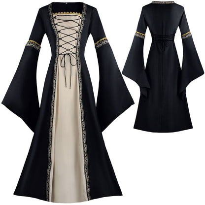 Medieval Square Neck Flare Sleeve Tie-Front Lace Long Dress