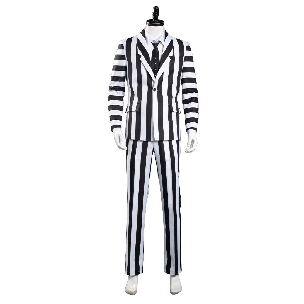 Movie Beetlejuice Men Black and White Striped Suit Jacket Shirt Pants Outfit Adam Halloween Carnival Costume Cosplay Costume