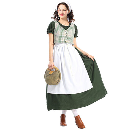 Medieval Green Plaid Pastoral Style Dress