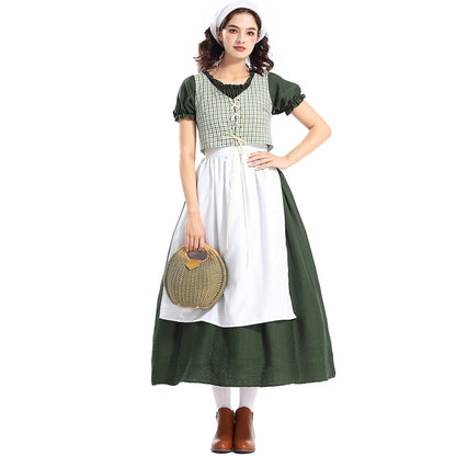 Medieval Green Plaid Pastoral Style Dress