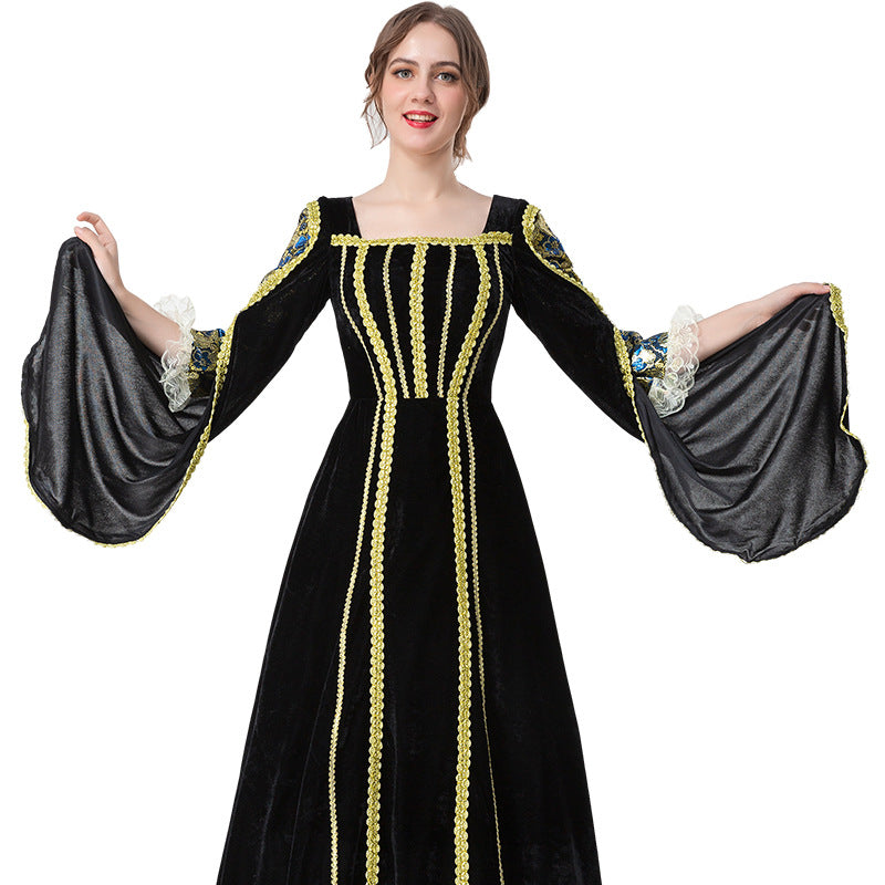 Medieval European Court Bell Sleeve Lace Embellished Vintage Role Play Maxi Dress