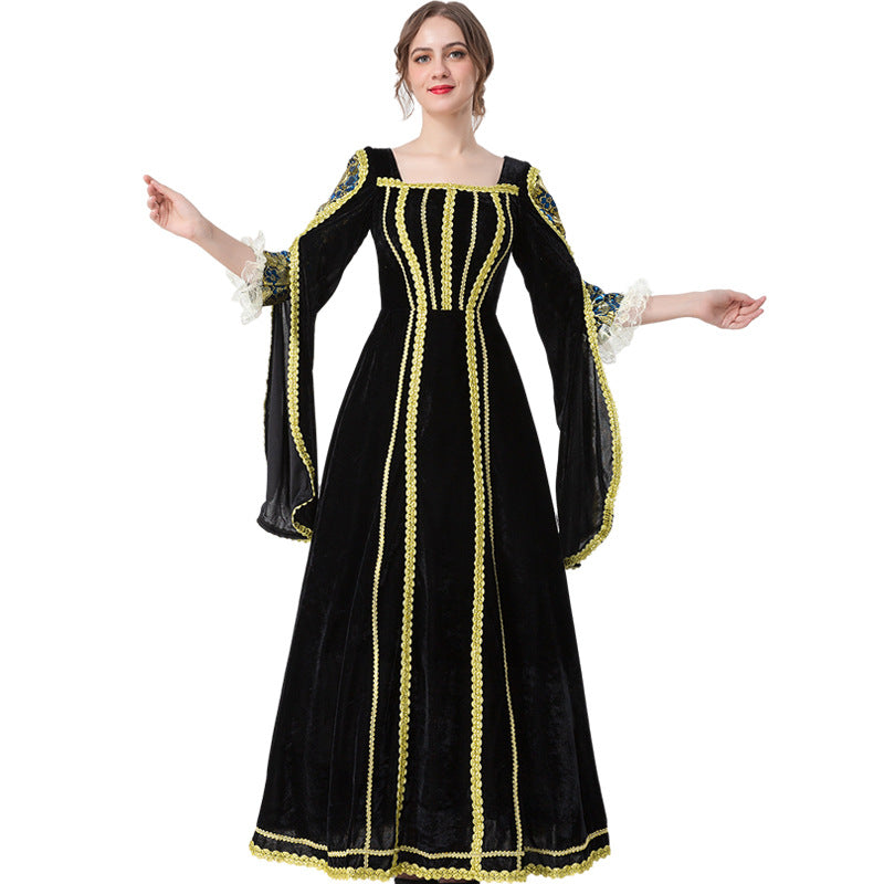 Medieval European Court Bell Sleeve Lace Embellished Vintage Role Play Maxi Dress